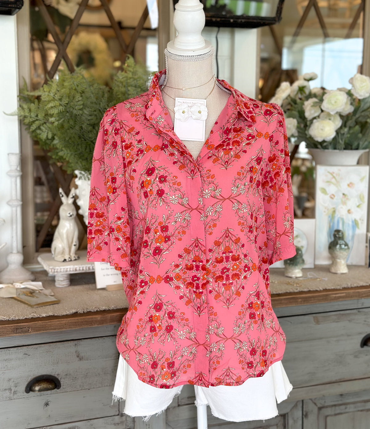 Rose Red Floral Wide Short Sleeve Top