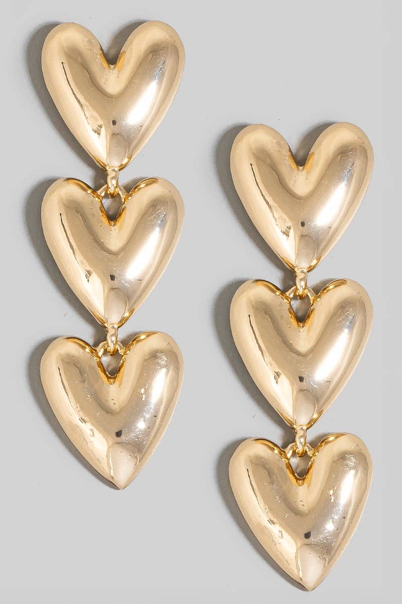 Triple Metallic Heart Chain Dangle Earrings: Gold