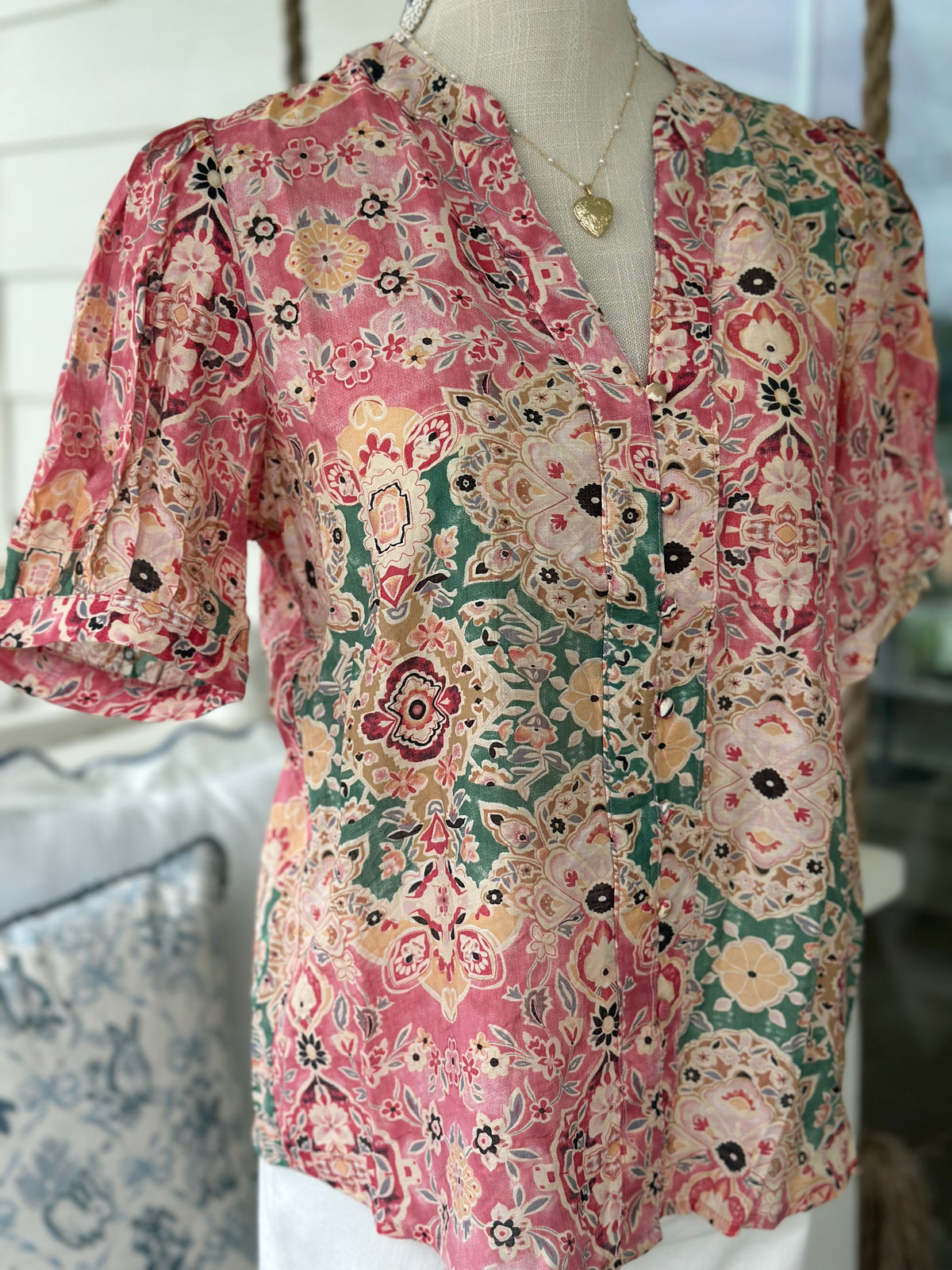 Pink Mixed Paisley Puff Sleeve Print Top