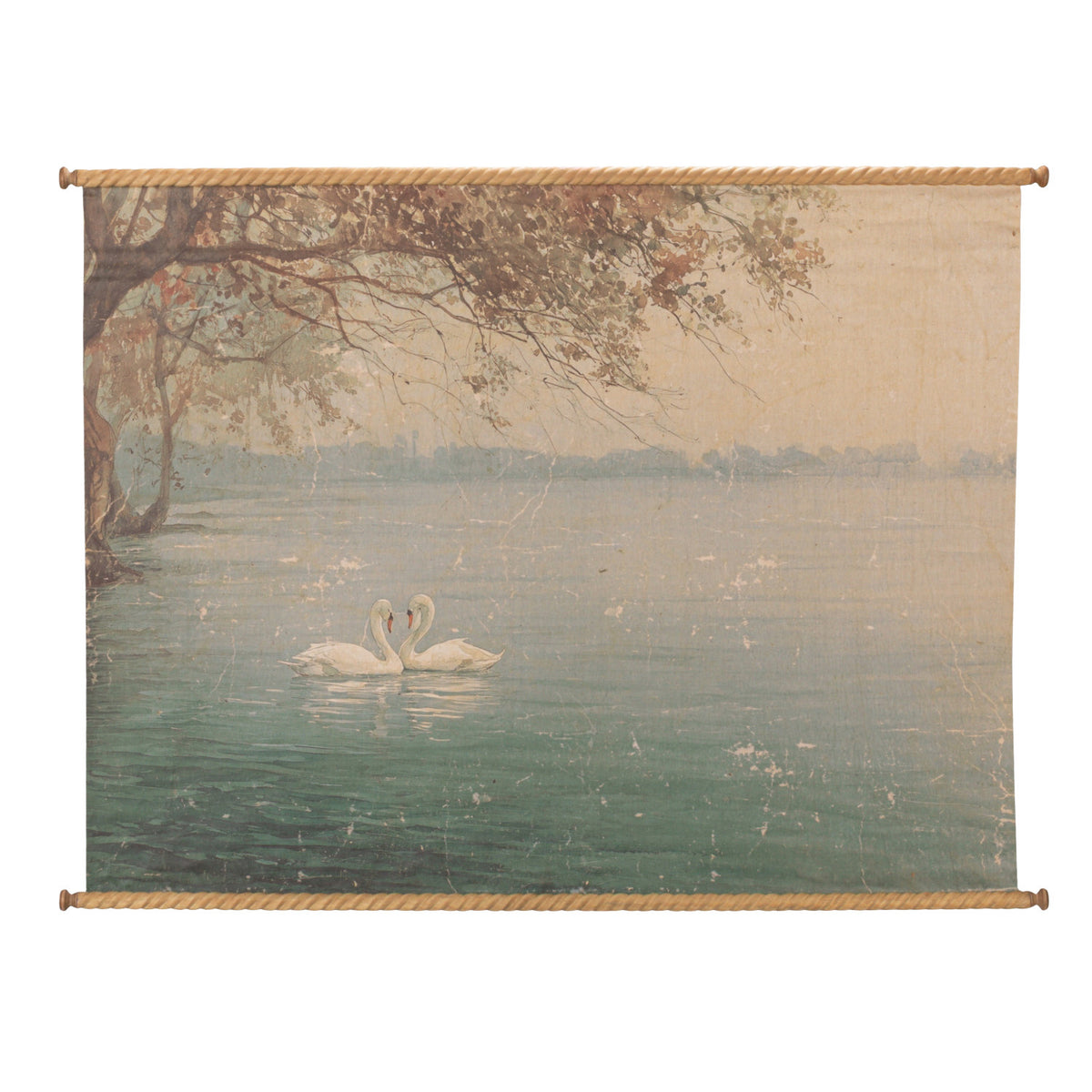 Carved Wood & Canvas Scroll Wall Decor with Swans, Distressed Finish