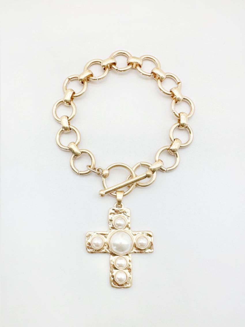 Gold Hammered Cross with Pearl Accent Charm