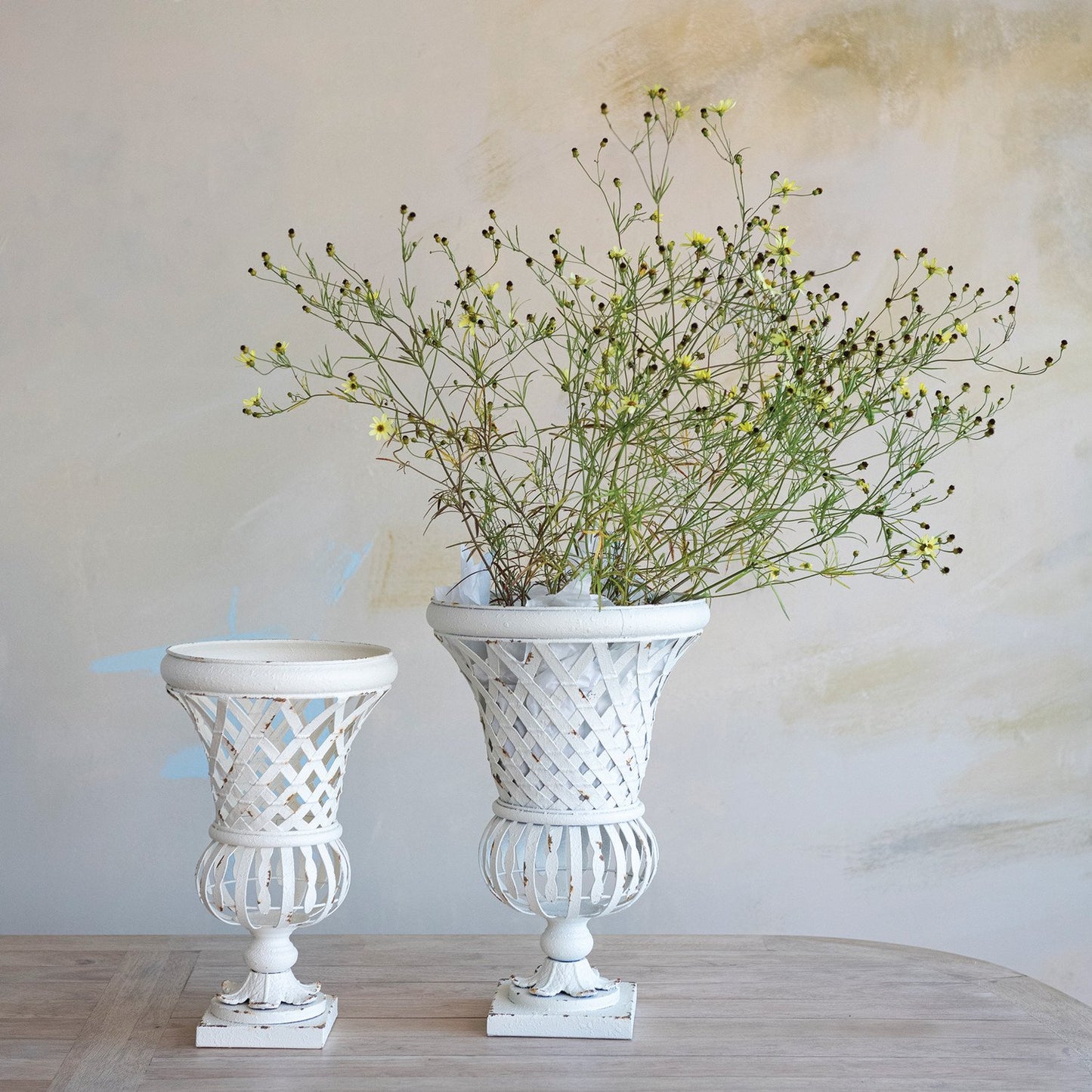 Woven Metal Footed Urn, Distressed Finish, White