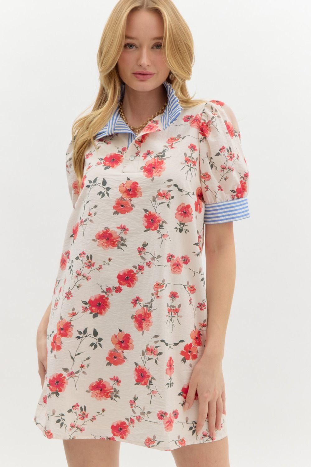 Coral Floral Print Dress with Striped Collar