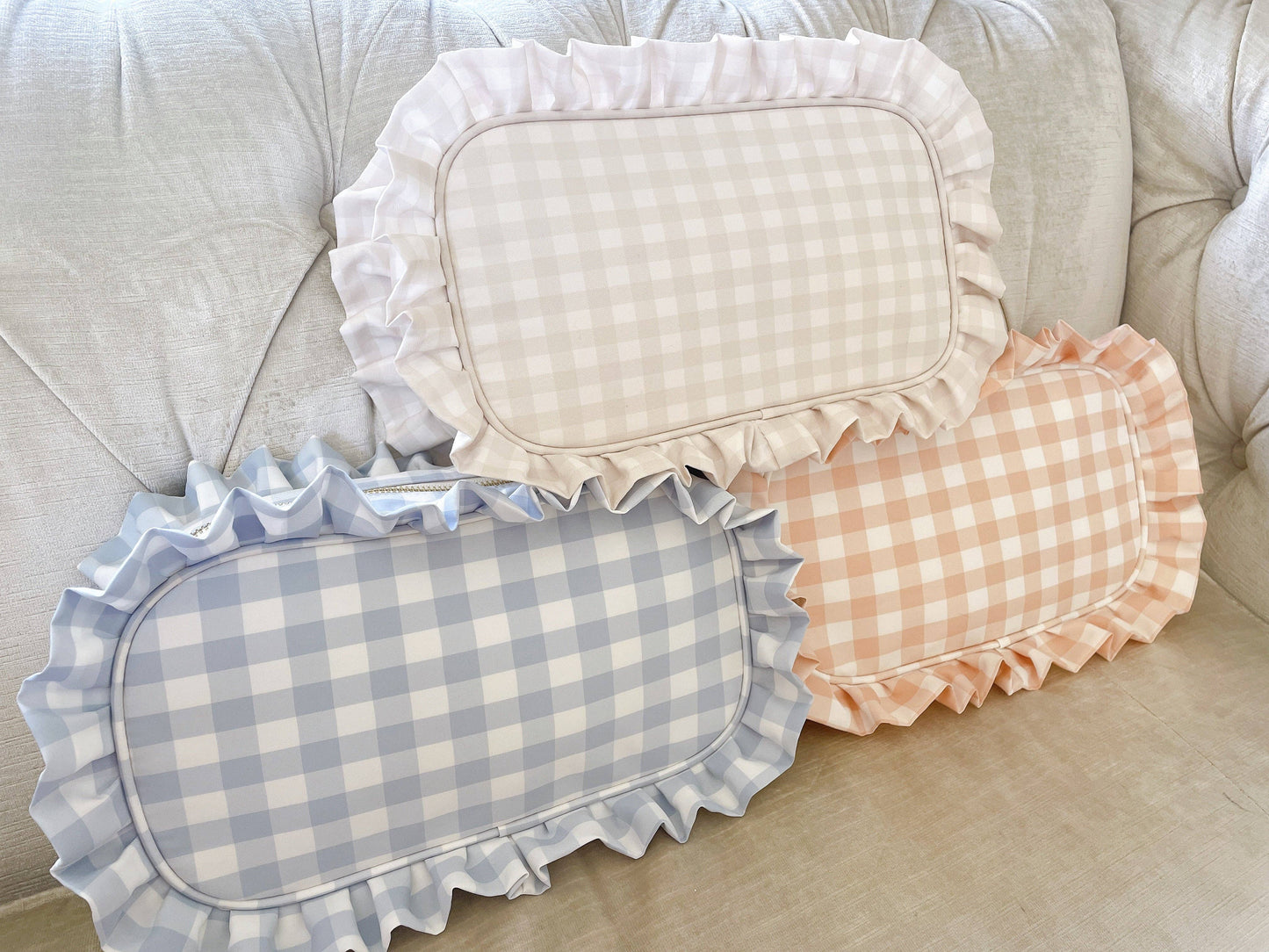 HOWDY Khaki Gingham Pearl Cosmetic Bag