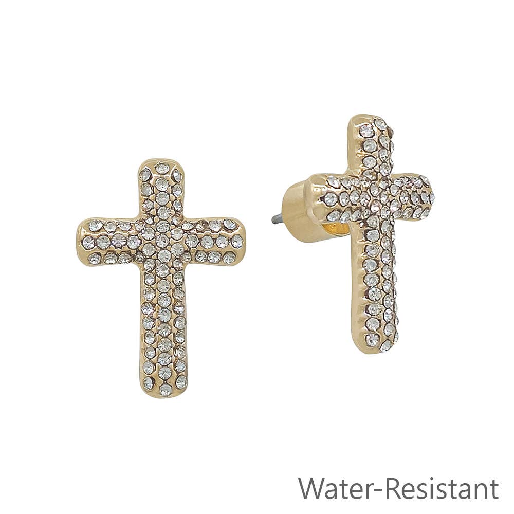Water Resistant Gold Rhinestone Cross 20MM Earring