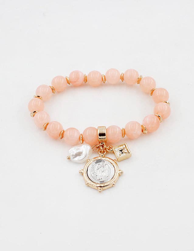 Pink Natural Stone Stretch Bracelet with Gold/Silver Coin Charm