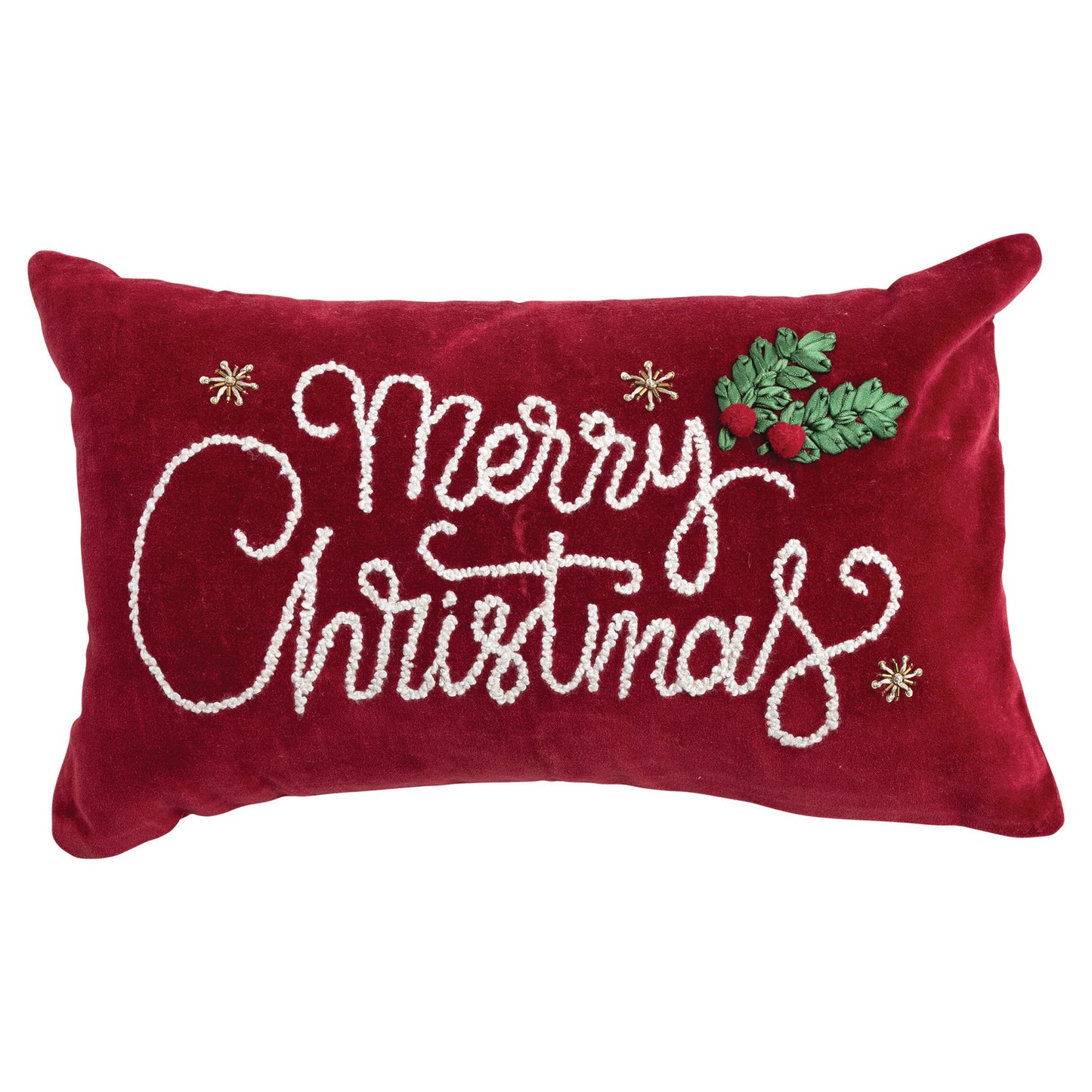 Cotton Velvet Lumbar Pillow with Embroidery & Applique | Merry Christmas