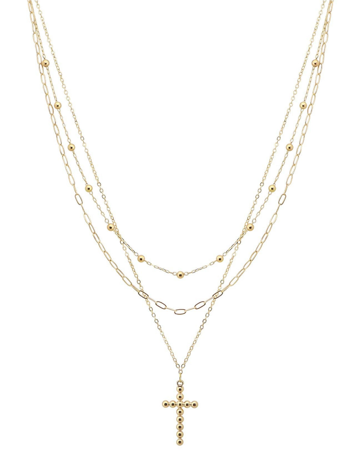 Gold Triple Layered with Bubble Cross Charm 16"-18" Necklace