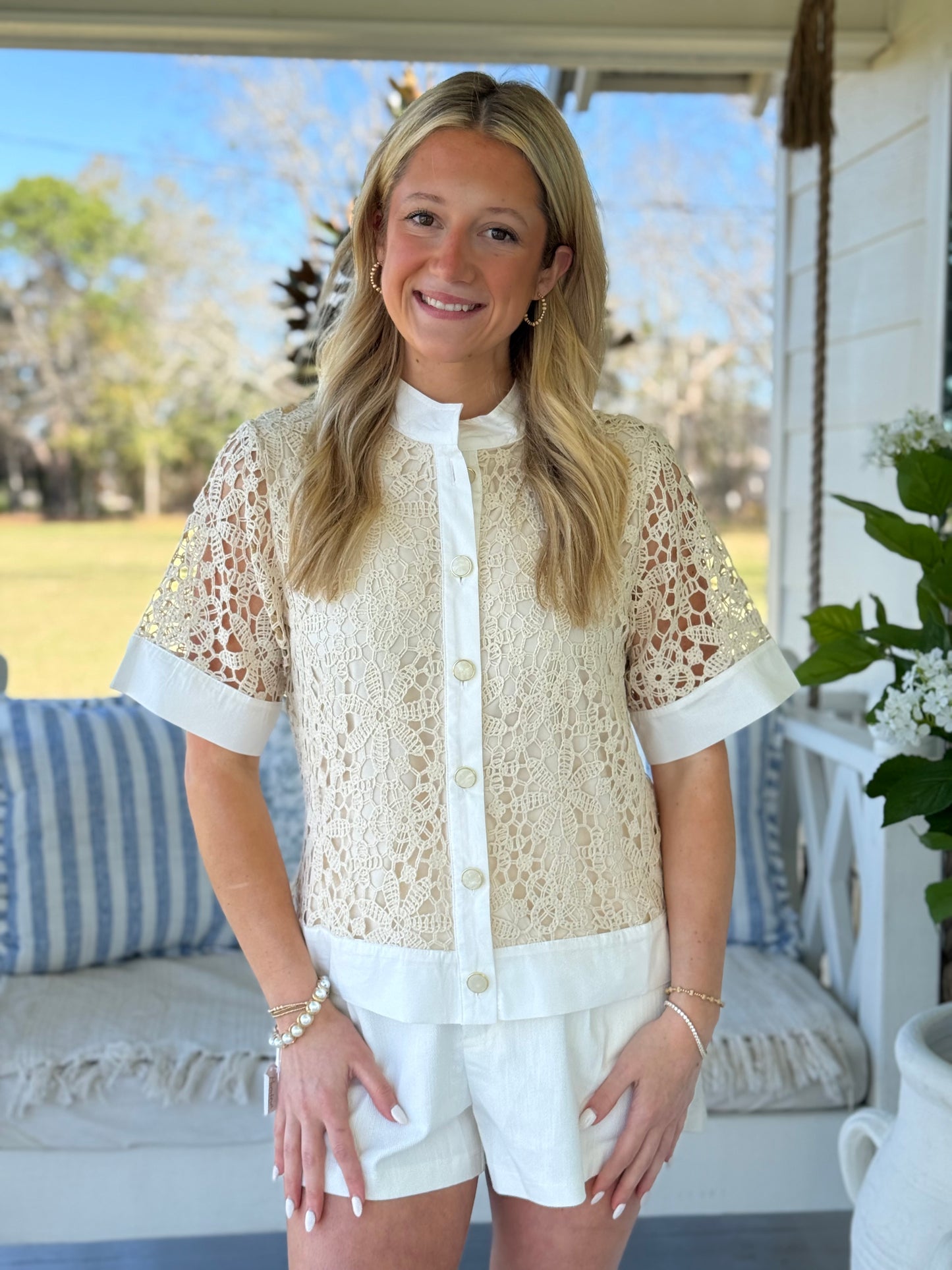 The Lace & Linen Button Top