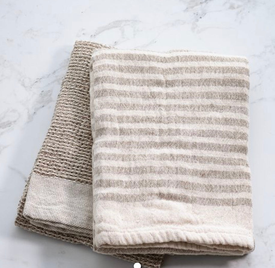 Set of 2 Beige Stripe and Waffle Towels