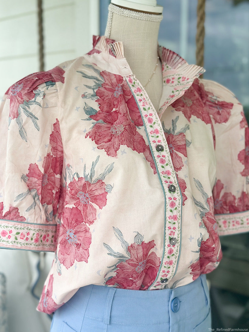 Chic Pink Floral Puff Sleeve Top