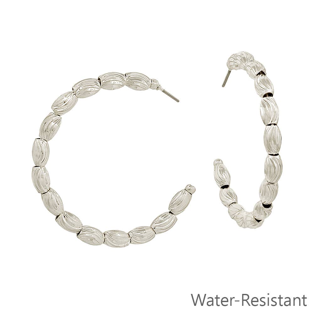 Silver Textured Oval Beaded 1.5" Hoop Earring