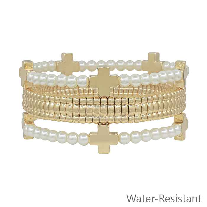 Set of 3 Pearl Bracelets with Gold Cross and Gold Watch Band Style Stretch Bracelet