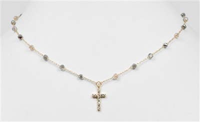 Grey and Natural Crystal with Rhinestone Cross Necklace