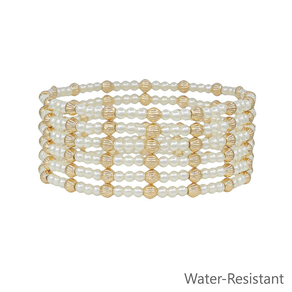 Water Resistant Set of 6 4MM and 3MM Gold and Pearl Beaded Stretch Bracelets