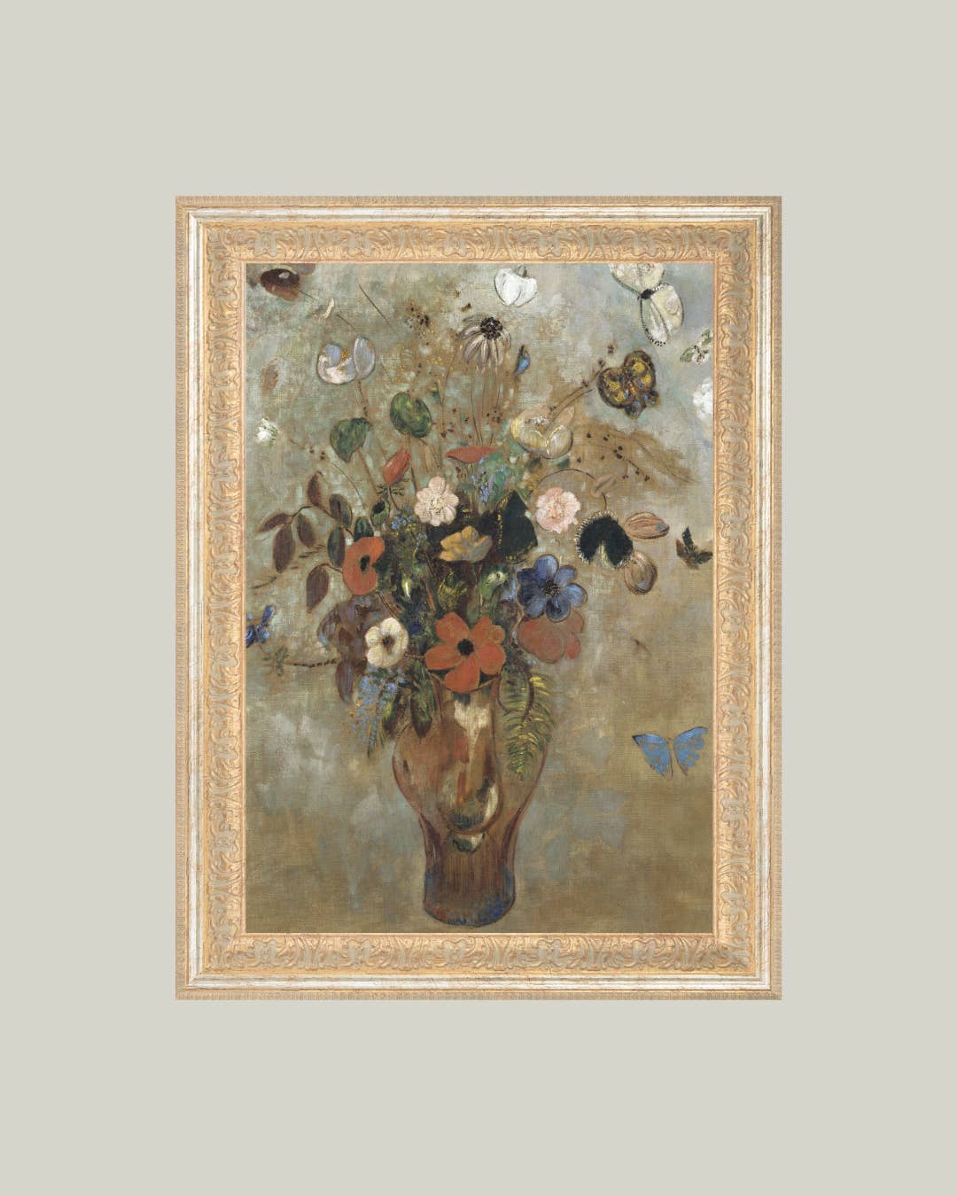 Flower Butterfly Vase Framed Antique Art: Mini