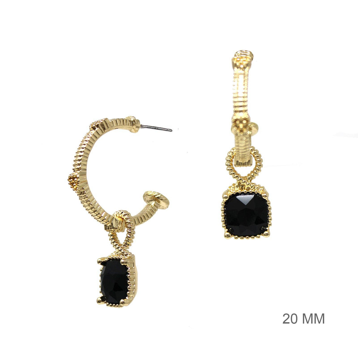 Gold Ribbed 1" Hoop with Black Crystal Stone Earring