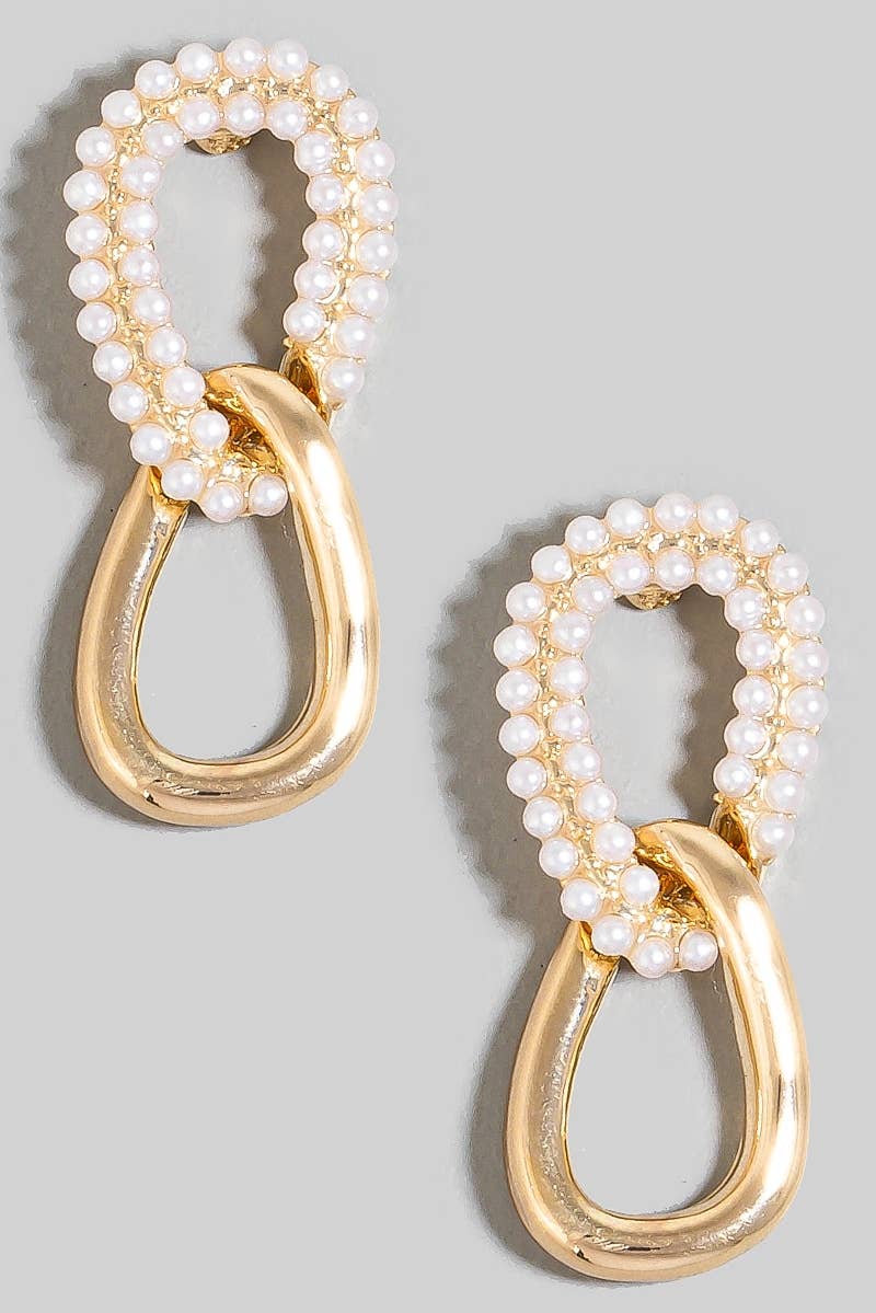 Pearl Pave Tear Linked Stud Drop Earrings: Gold
