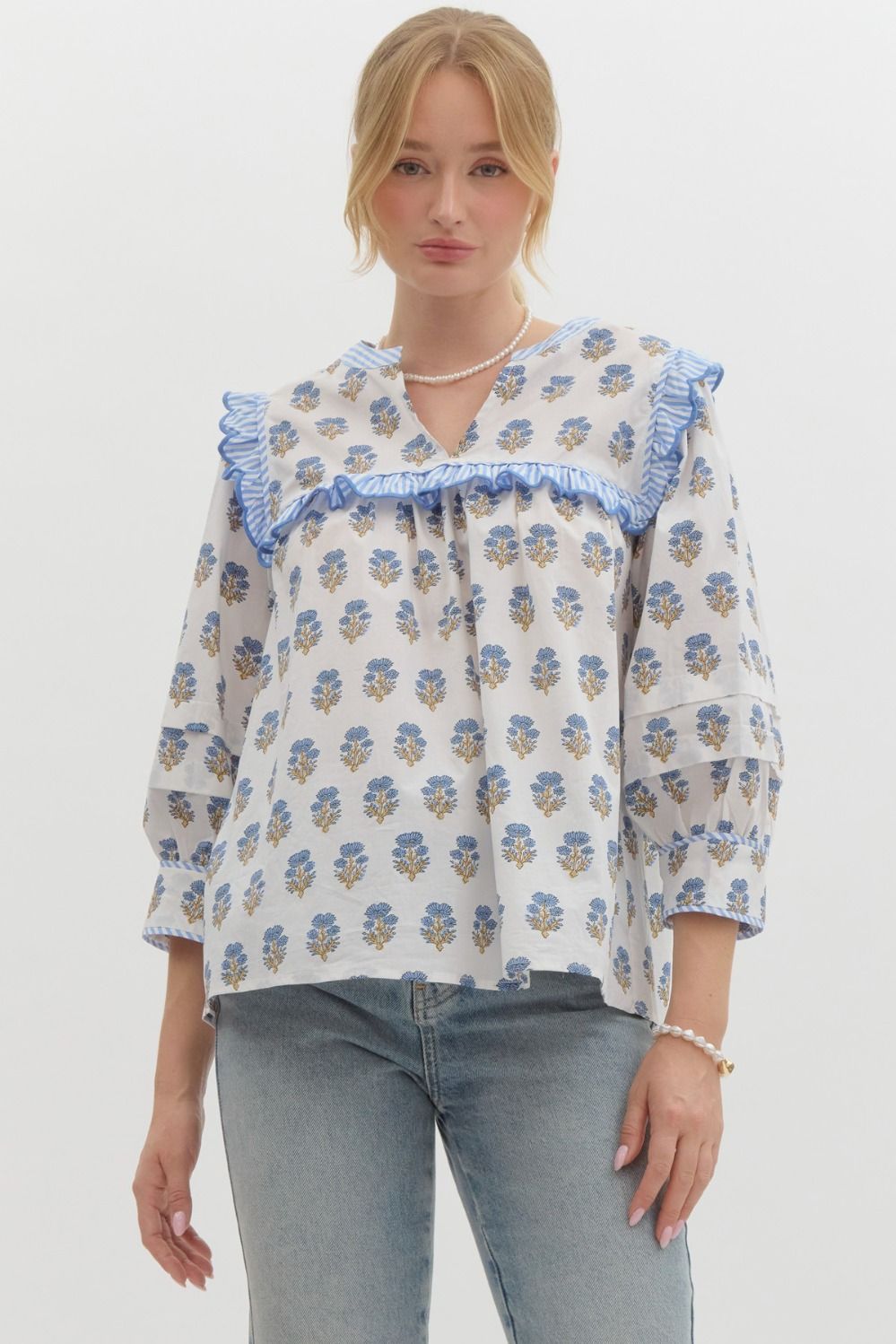 White/Blue Floral Scallop Yoke Top
