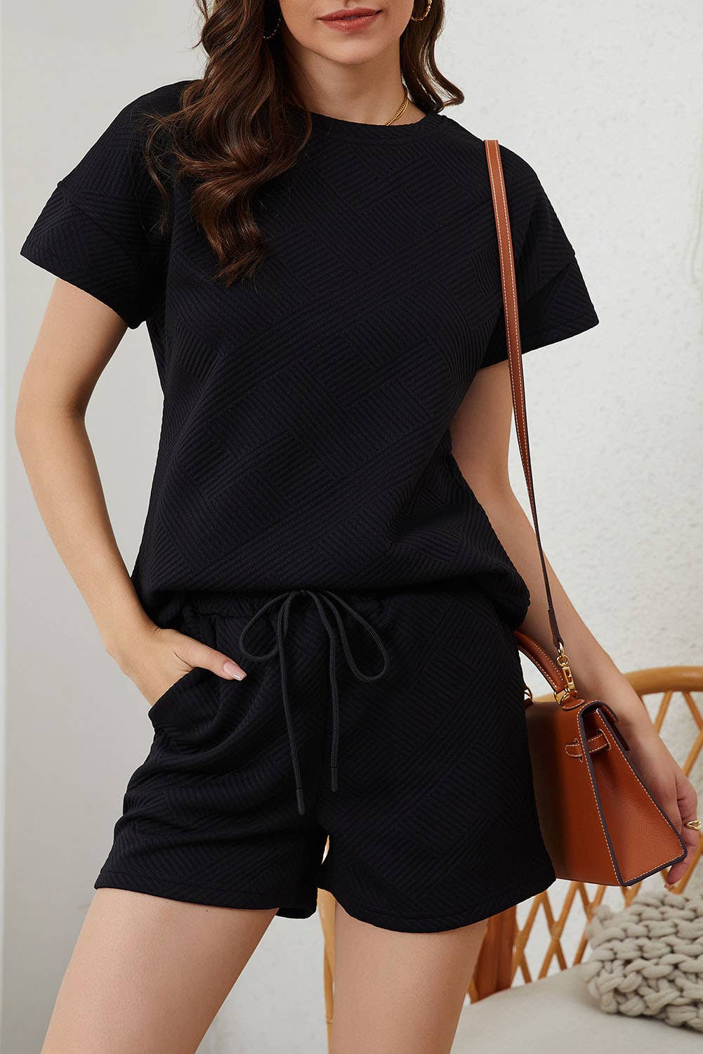 Textured Drawstring Shorts Set