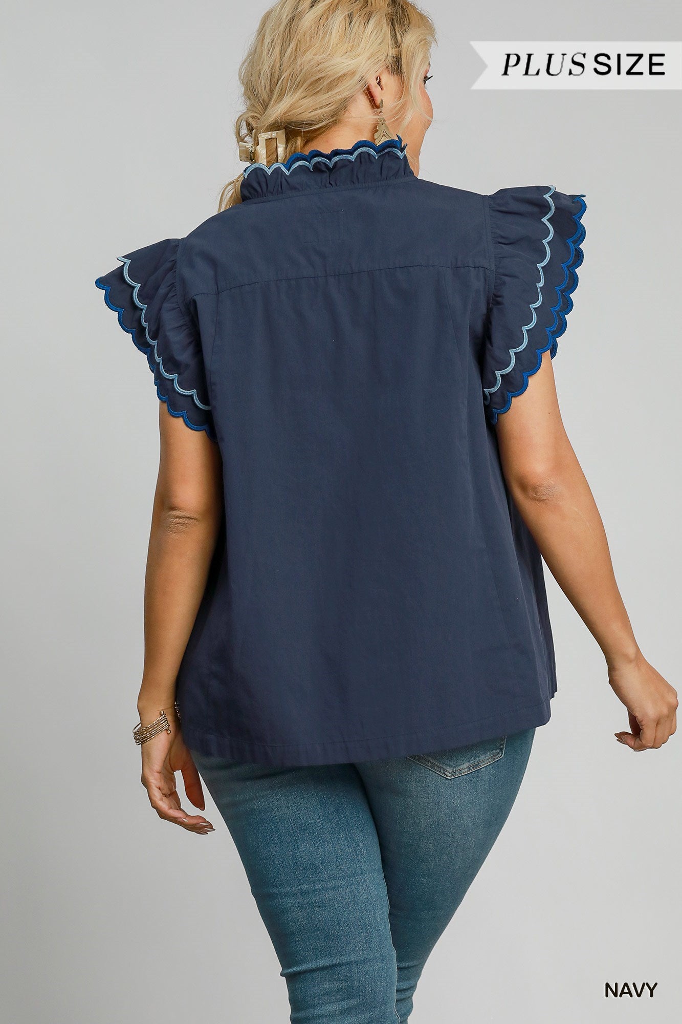 Scallop Trim Ruffle Sleeve Top - Curvy