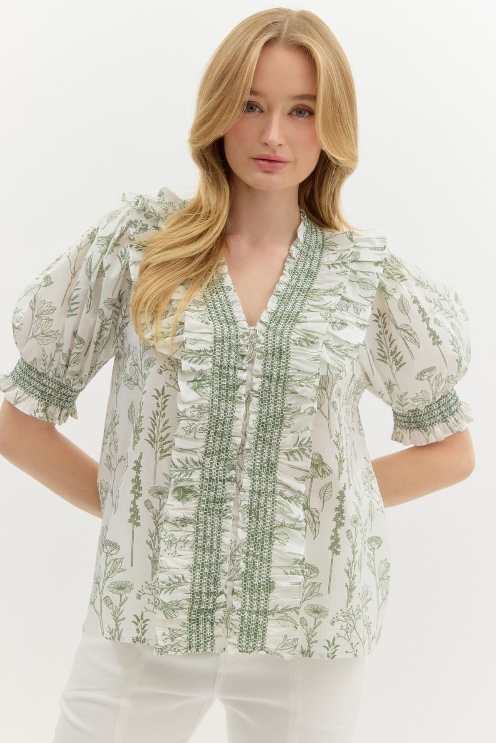 Olive/White Embroidery Print Top