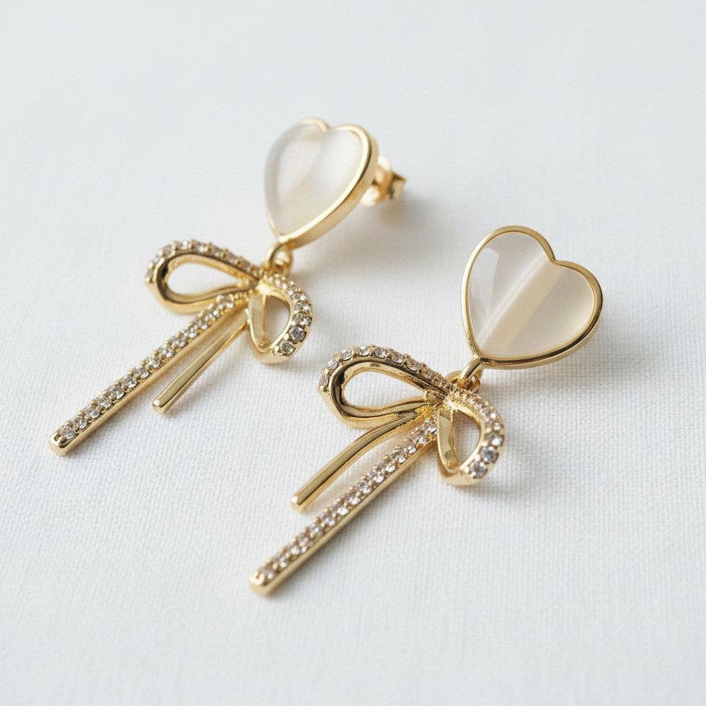 Cat's Eye Heart Bow Tassel Earrings