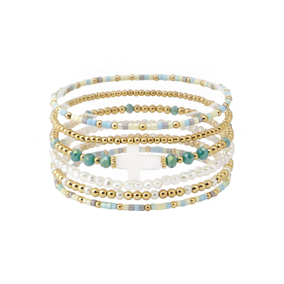 Set of 5 Gold Beaded with Turquoise Seed Bead and White Cross Stretch Bracelets