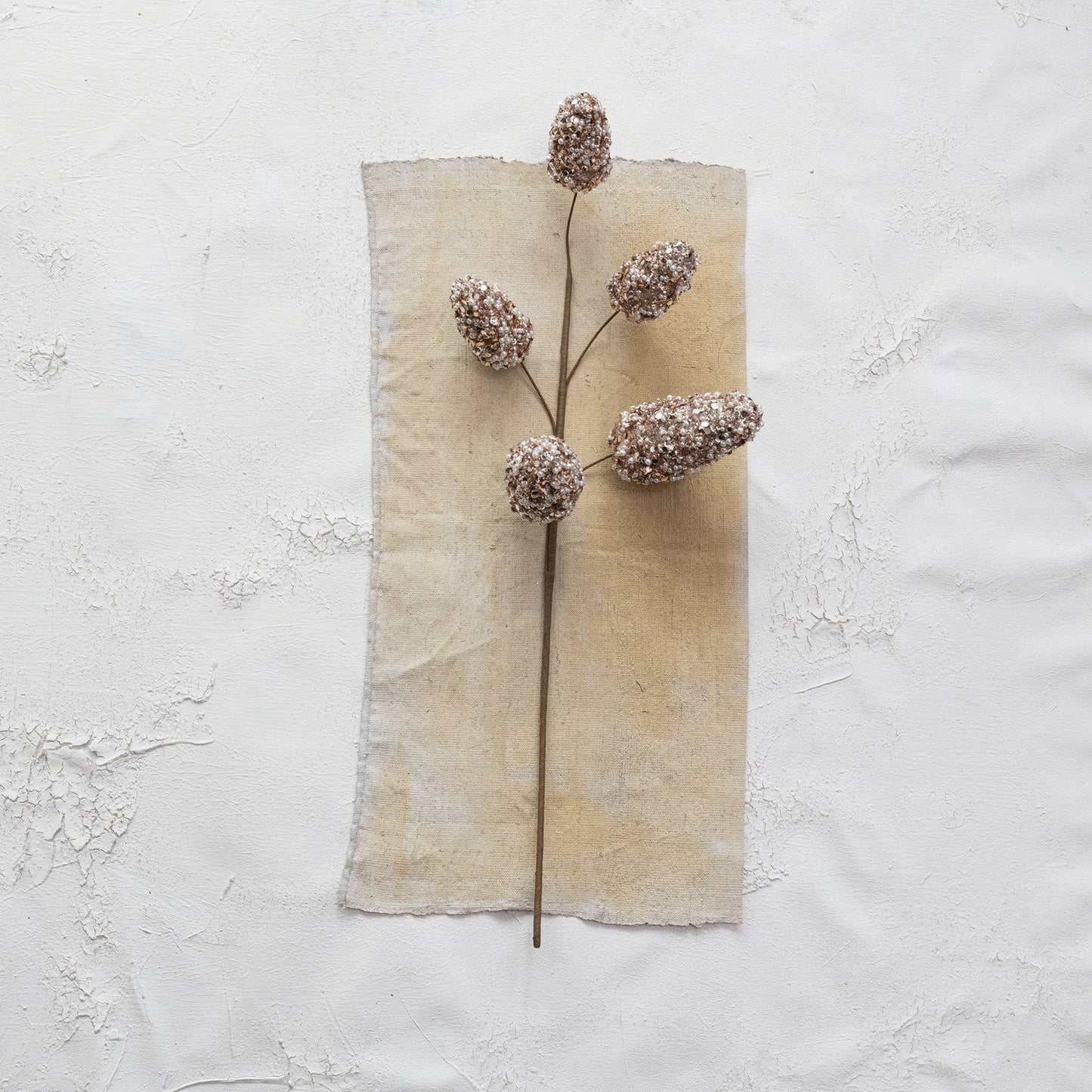 Foam Pinecone Stem with Faux Pearls, Ice Finish, Rose Gold Color