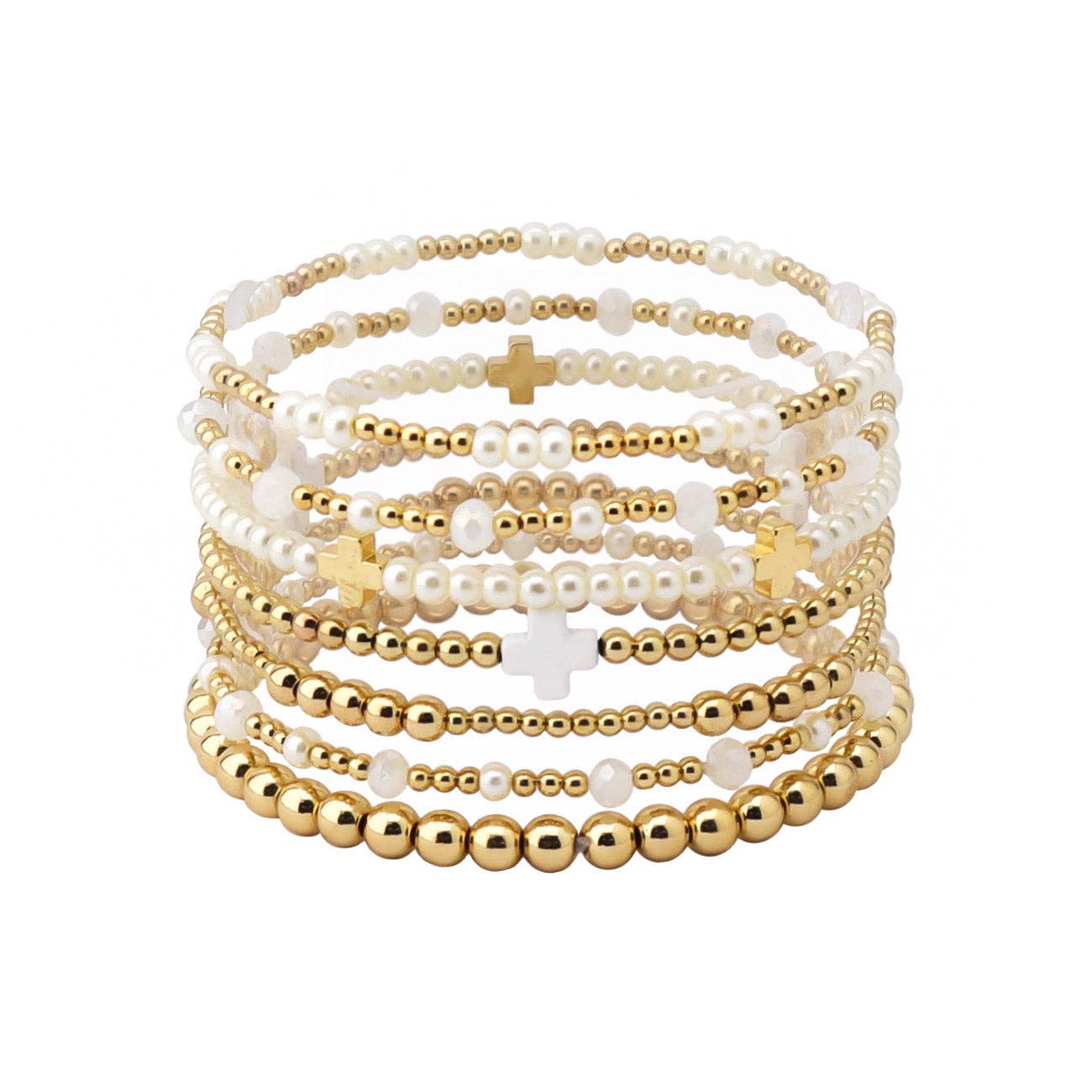 Set of 7 Pearl and Gold with White Cross Stretch Bracelet