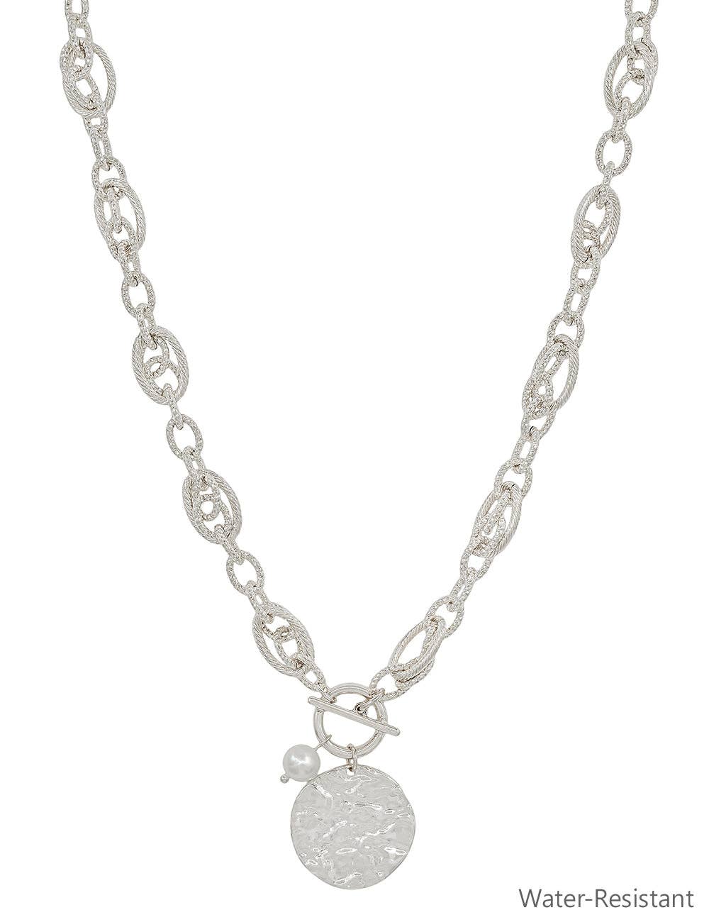 Water Resistant Silver Chain with Hammered Coin and Pearl 16"-18" Necklace