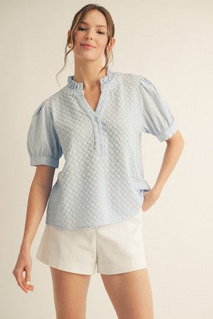 Blue Ruffle Detailed Textured Top
