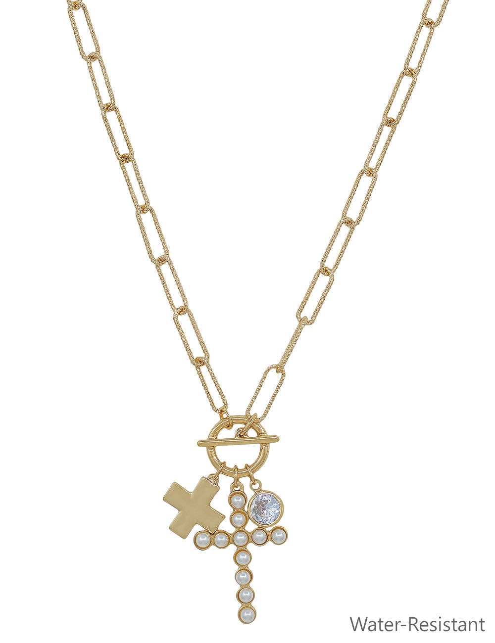 Water Resistant Gold Cross & Pearl Cross Charm 16"-18" Necklace