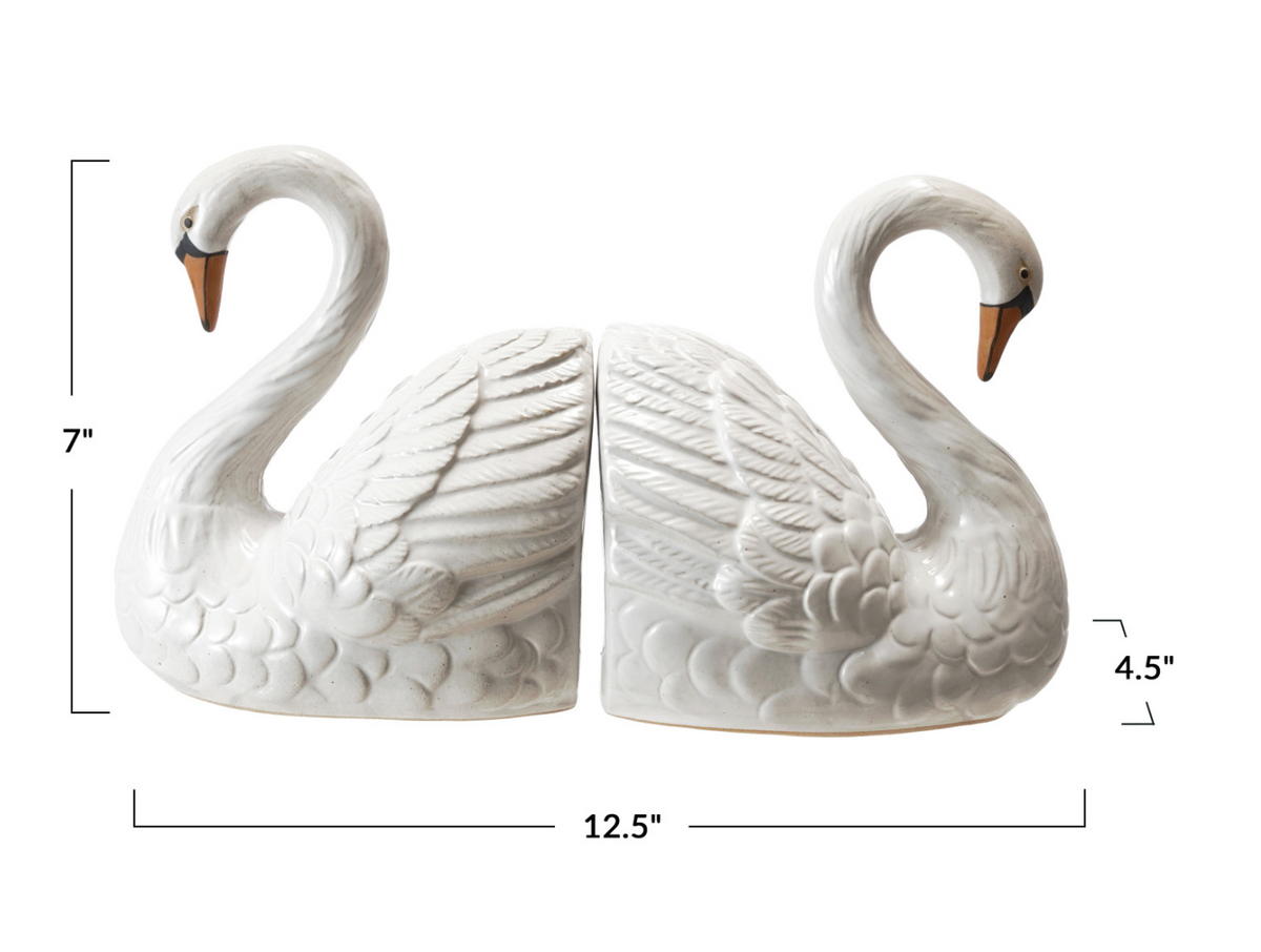 Stoneware Swan Shaped Bookends, White, Orange Color & Black, Set of 2