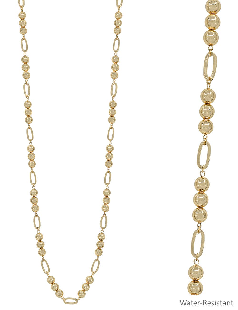 Water Resistant Gold Beaded 10MM Beaded and Open Oval 34" Necklace