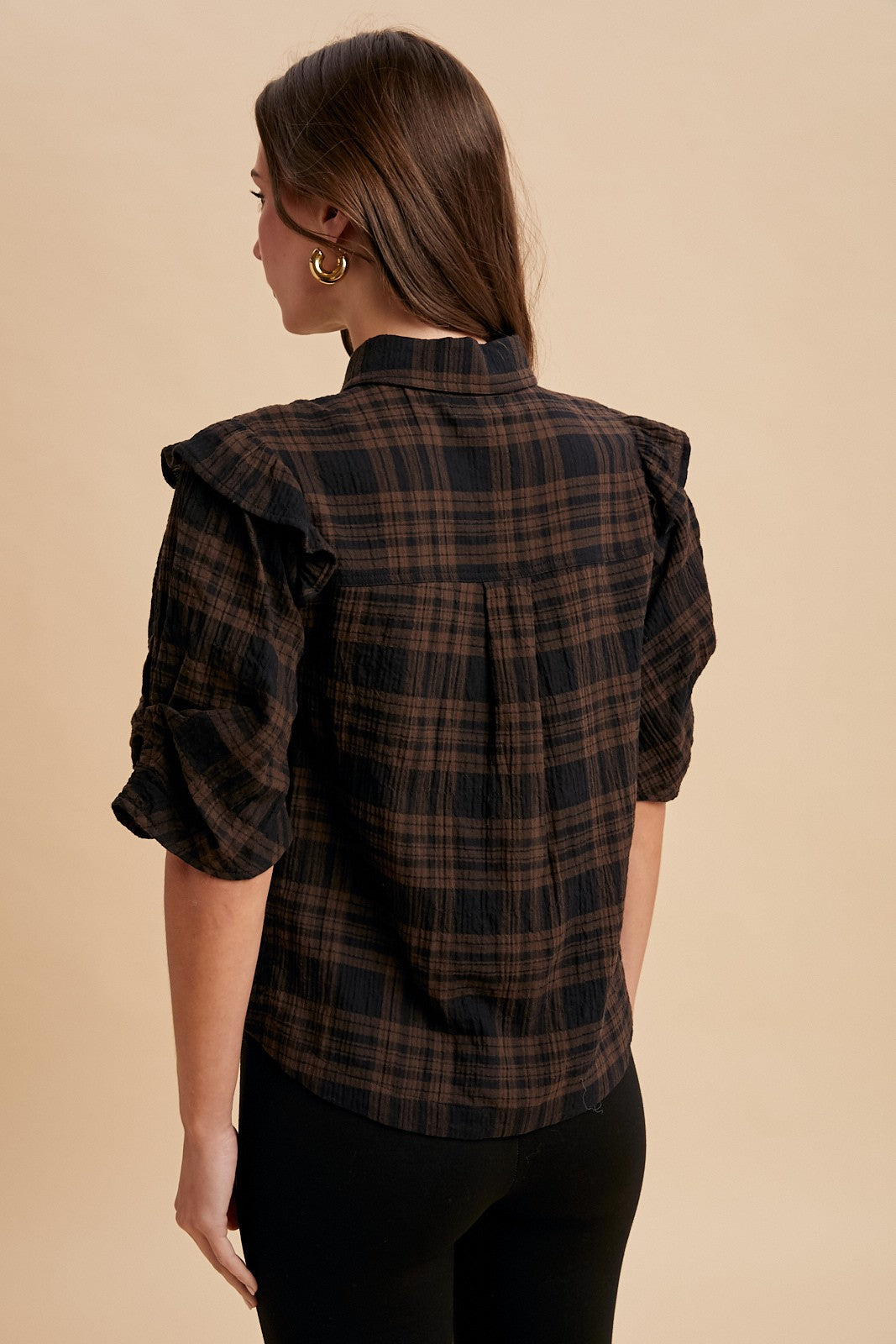 Plaid Ruffle Shoulder Button Down Shirt