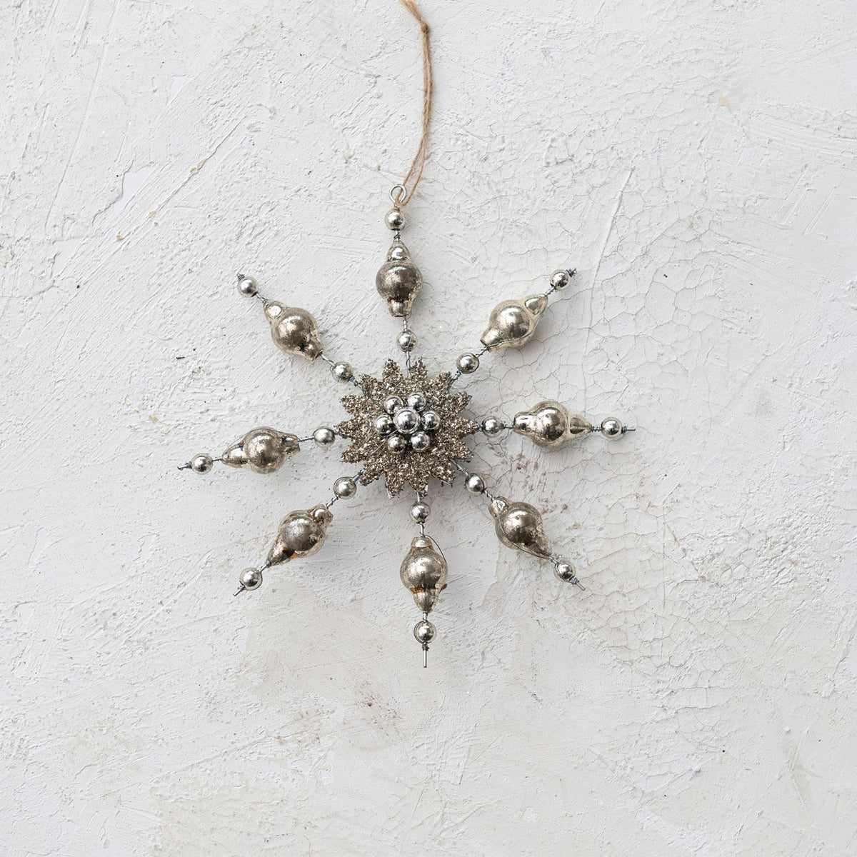 7"H Mercury Glass Snowflake Ornament w/ Tinsel, Silver