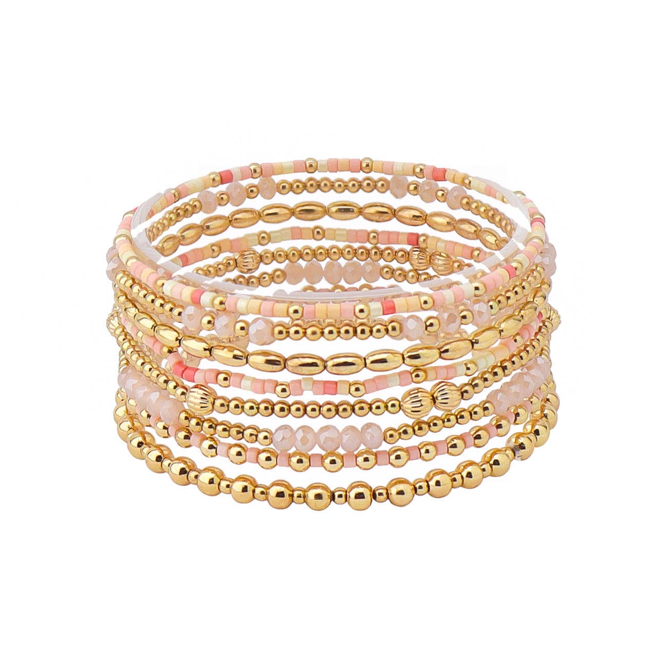 Set of 8 Pink Seed Bead & Crystal and Gold Stretch Bracelet