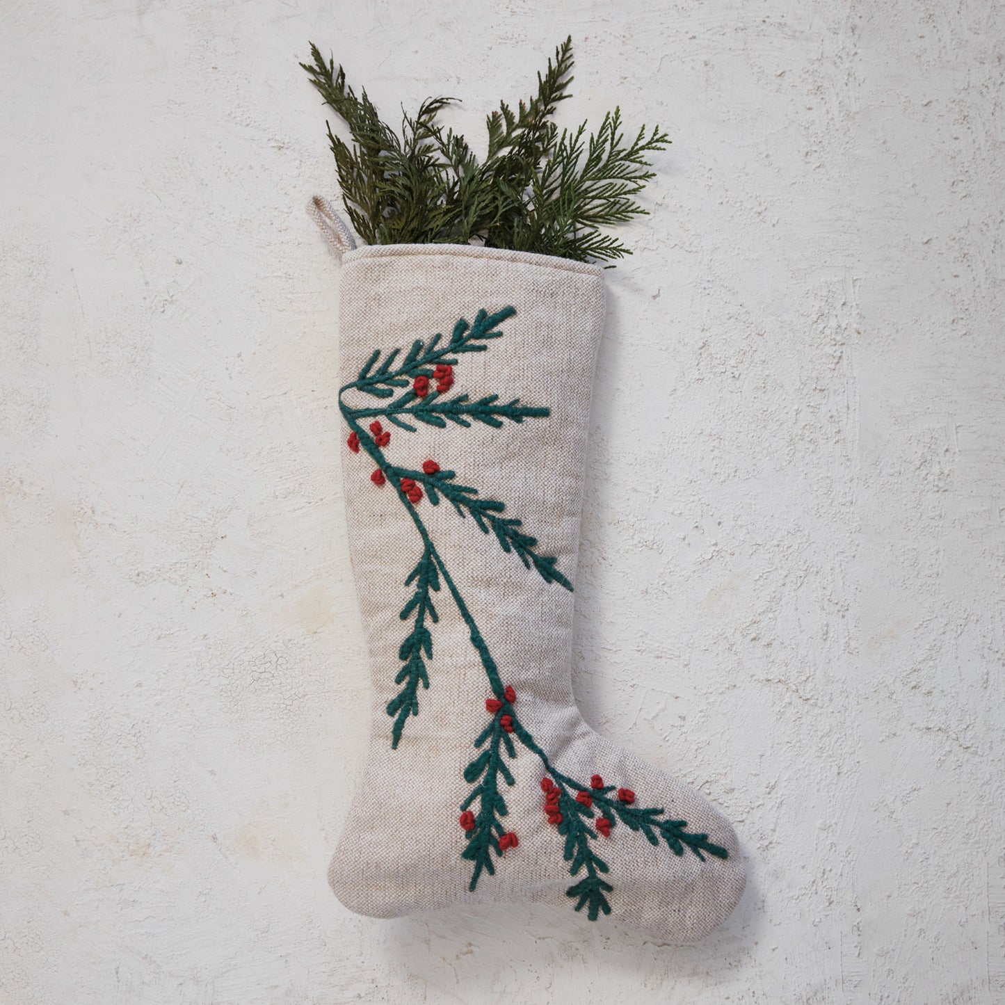 Woven Cotton & Jute Stocking w/ Embroidered Holly & Berries