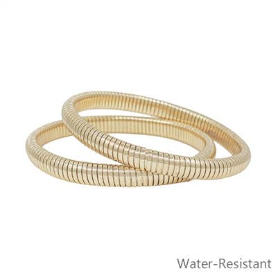 Gold Water Resistant Set of 2 Ribbed Stretch Bracelet