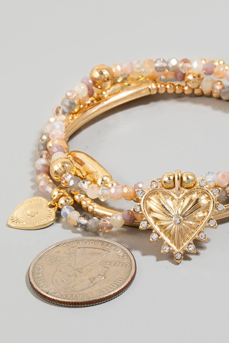 Heart And Key Charms Mixed Beaded Bracelet Set: Gold & White
