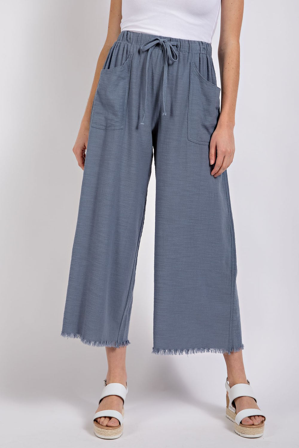 Slate Blue Frayed Wide Leg Pants with Pockets
