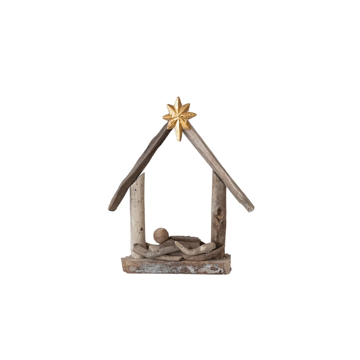 Handmade Driftwood & Acacia Wood Baby Jesus in Manger | Natural & Gold Finish