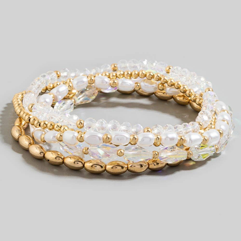 Metallic Pearl And Faceted Beaded Bracelet Set