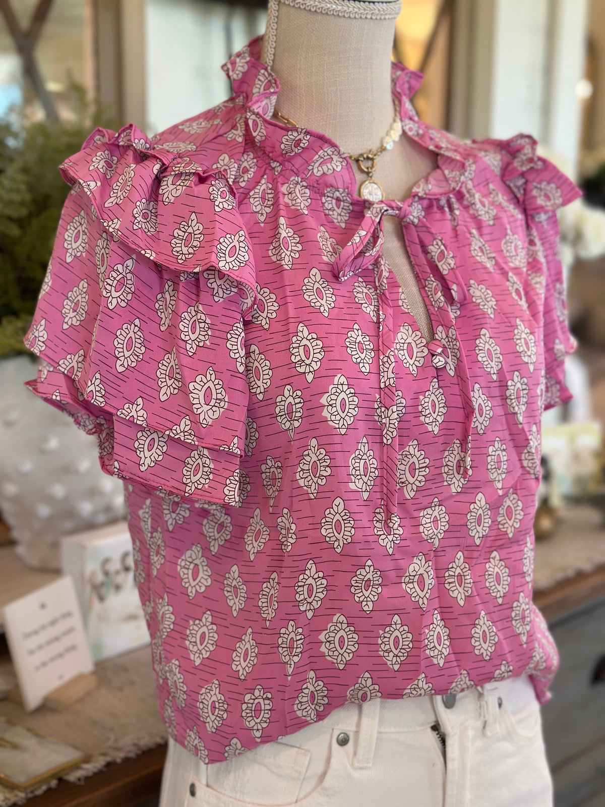 Pink Floral Ruffled Split Neck Short Sleeve Blouse