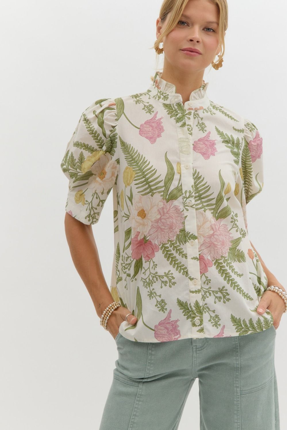 Cream Floral print ruffled neck button Top