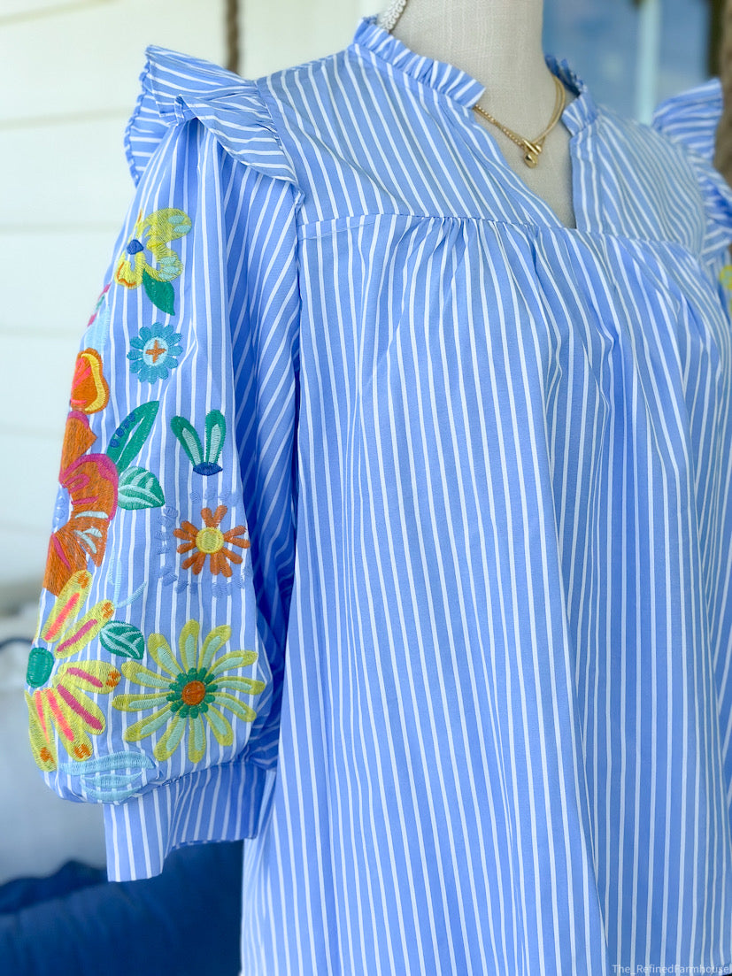 Sky Blue Striped 3/4 Embroidered Sleeves Top
