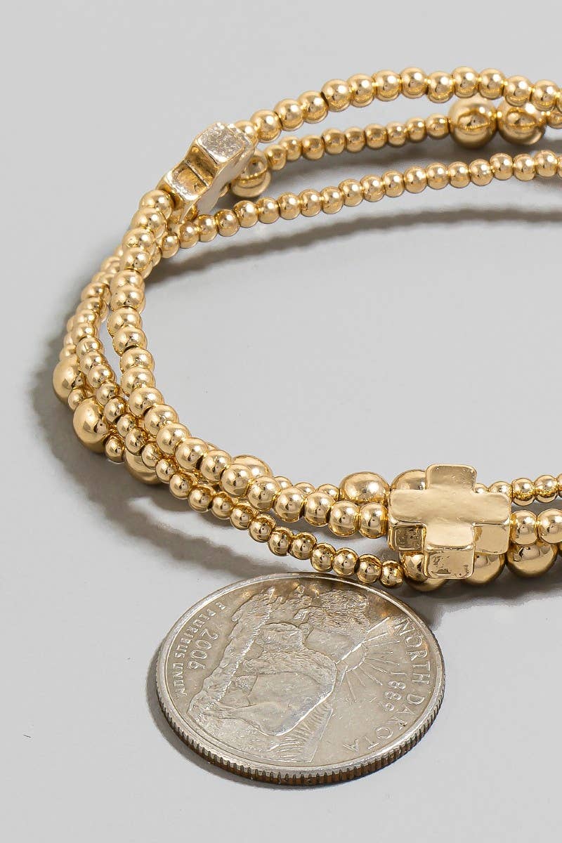 Mini Metallic Cross Charms Beaded Bracelet Set: GD
