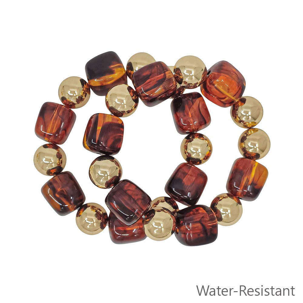 Water Resistant Set of 2 Gold and Brown 16mm and 14mm Stretch Bracelets