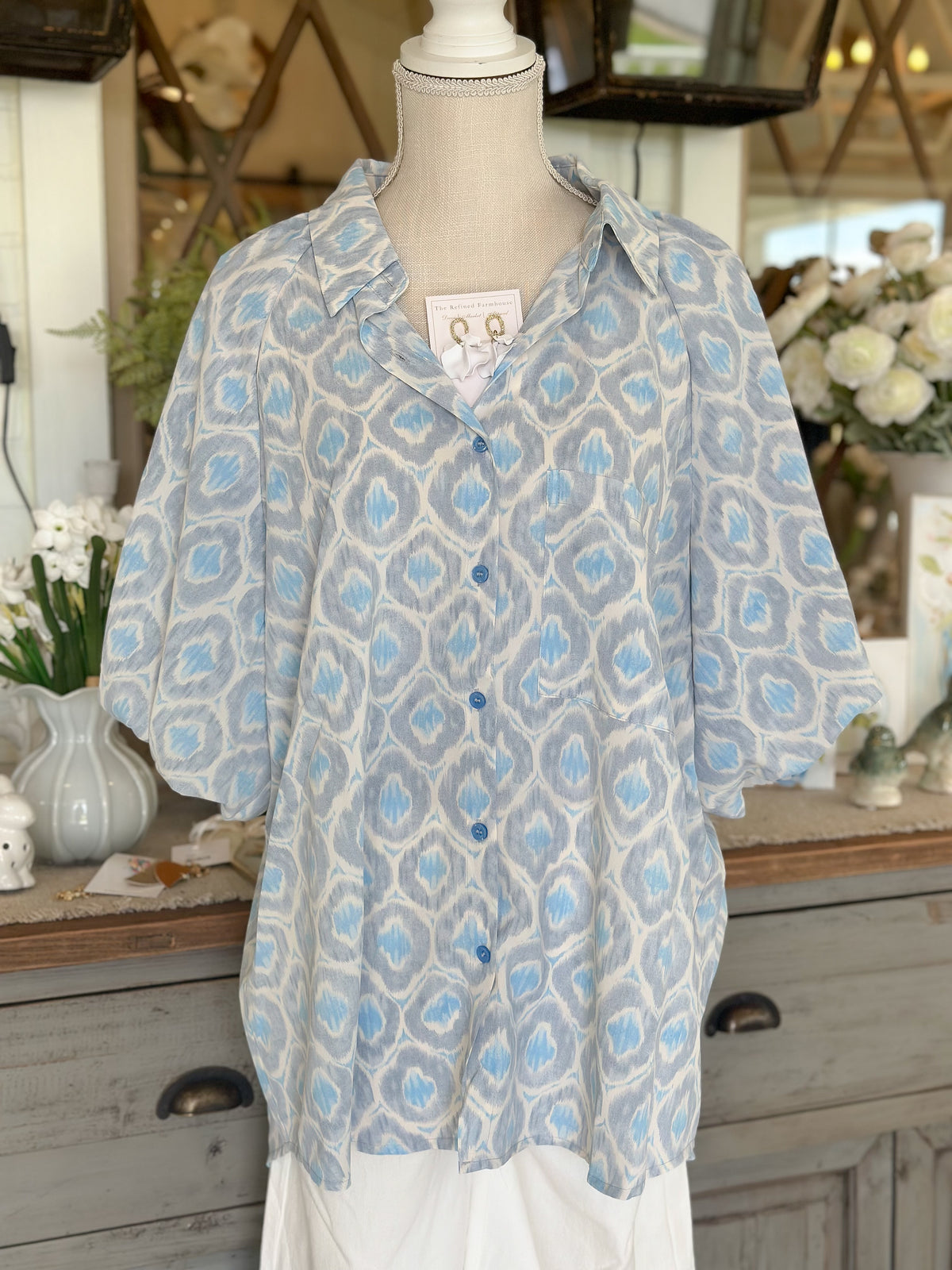 Geometric Printed Bubble Sleeve Button Down Top